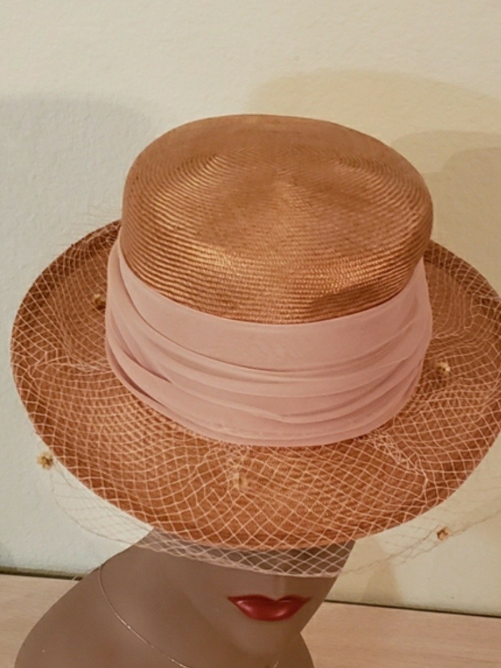 Ladies Straw Cocktail Hat with Veil Trim